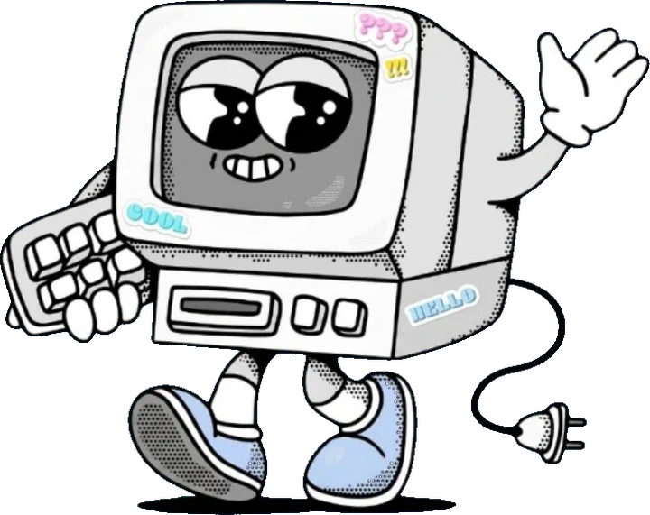Mascote da Micromania: um computador antigo sorrindo e acenando